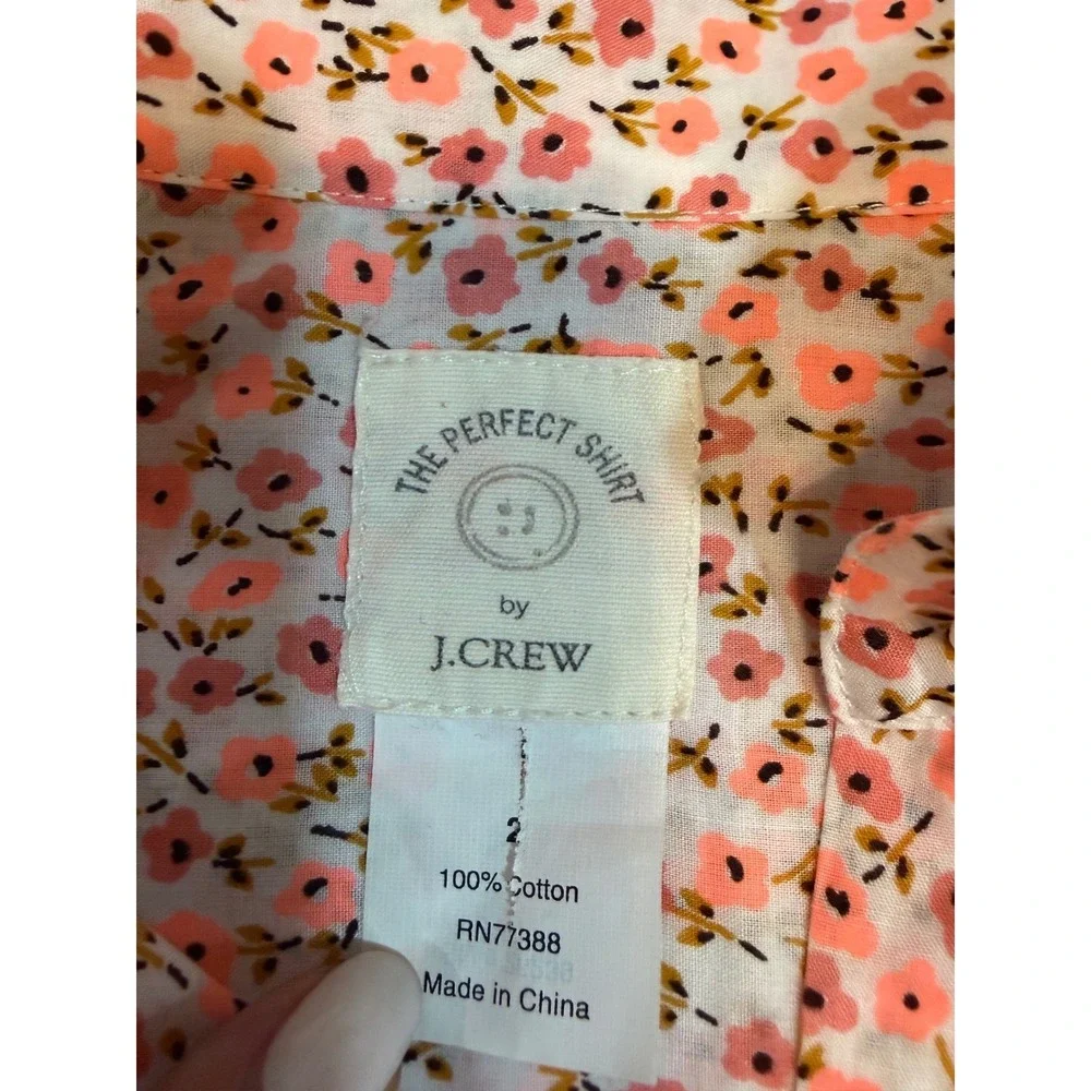 J Crew Perfect Womens Top Size 2 White Pink Floral Button Down Cotton Shirt